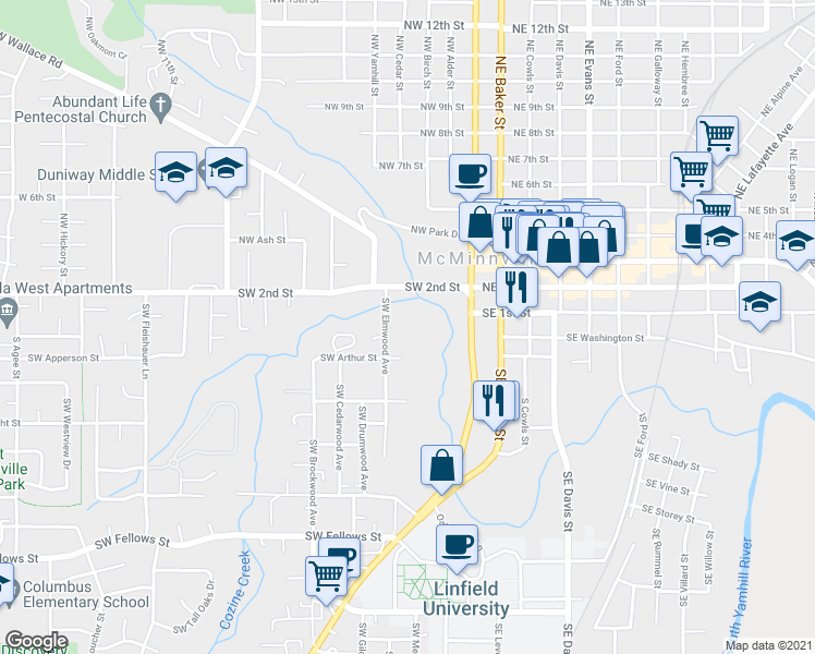 map of restaurants, bars, coffee shops, grocery stores, and more near 204 Southwest Elmwood Avenue in McMinnville