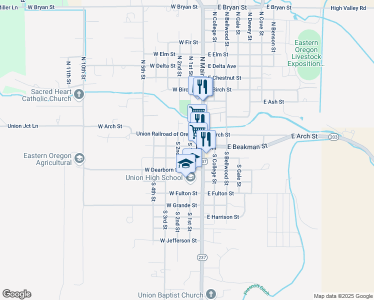 map of restaurants, bars, coffee shops, grocery stores, and more near 228 West Beakman Street in Union