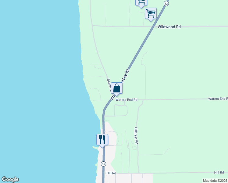 map of restaurants, bars, coffee shops, grocery stores, and more near 11077 Wisconsin 42 in Sister Bay