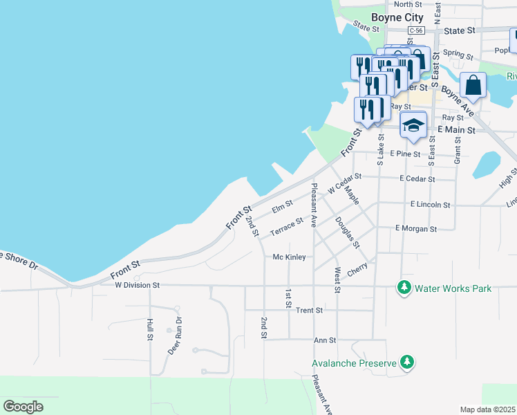 map of restaurants, bars, coffee shops, grocery stores, and more near 481 Front Street in Boyne City