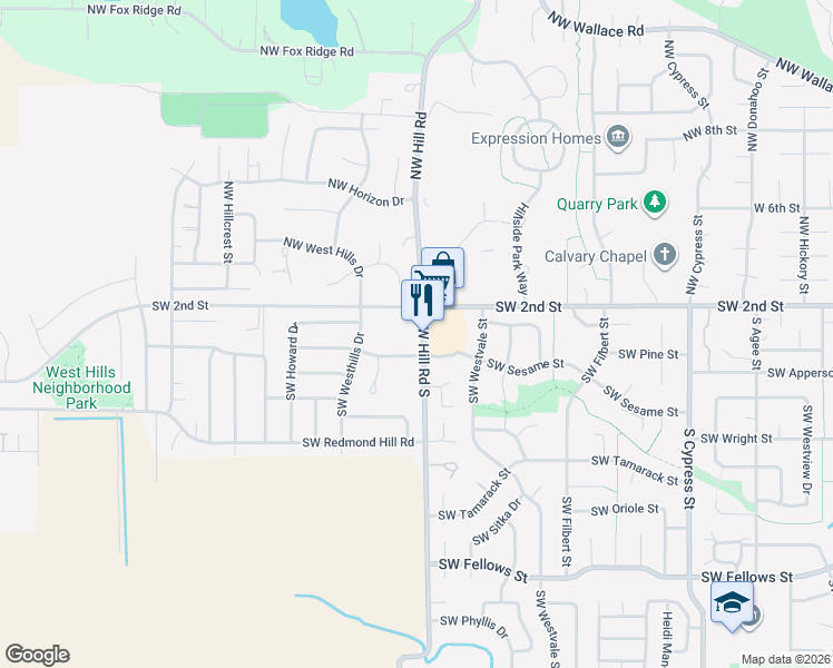 map of restaurants, bars, coffee shops, grocery stores, and more near 2270 Southwest 2nd Street in McMinnville