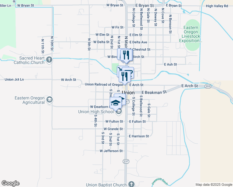 map of restaurants, bars, coffee shops, grocery stores, and more near 228 West Beakman Street in Union