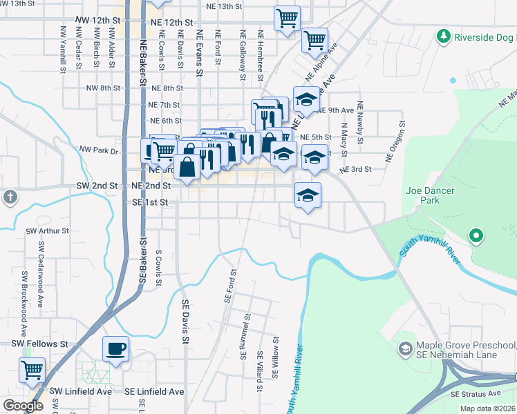 map of restaurants, bars, coffee shops, grocery stores, and more near 830 Southeast 1st Street in McMinnville