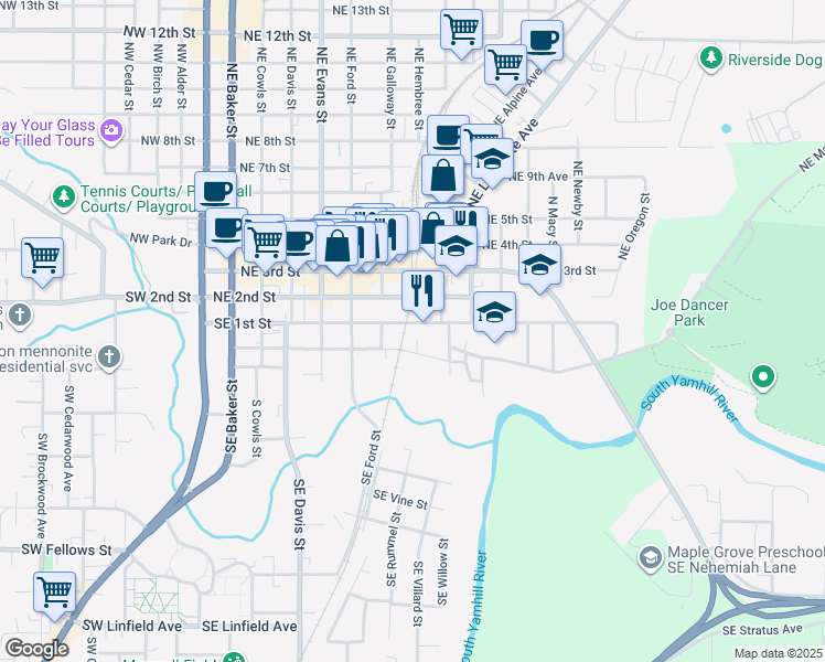 map of restaurants, bars, coffee shops, grocery stores, and more near 802 Southeast 1st Street in McMinnville