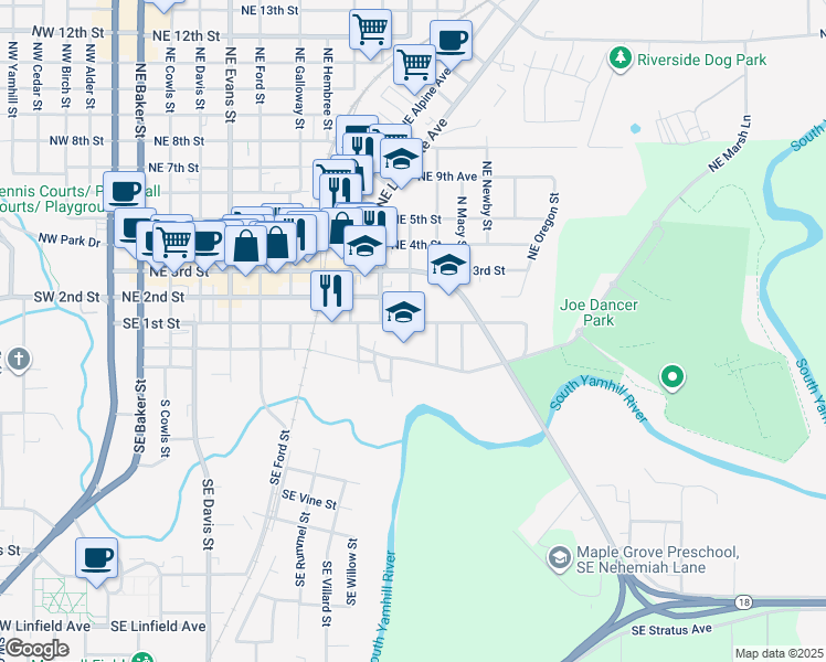 map of restaurants, bars, coffee shops, grocery stores, and more near 1056 Southeast 1st Street in McMinnville