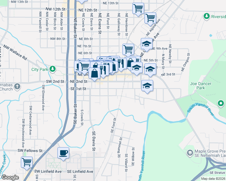 map of restaurants, bars, coffee shops, grocery stores, and more near 706 Southeast 1st Street in McMinnville