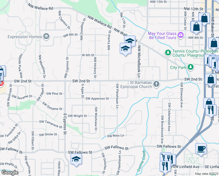 map of restaurants, bars, coffee shops, grocery stores, and more near 1325 West 1st Court in McMinnville
