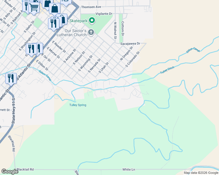 map of restaurants, bars, coffee shops, grocery stores, and more near 1204 East Sebree Street in Dillon