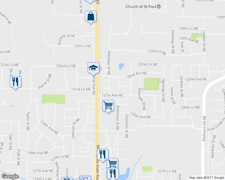 map of restaurants, bars, coffee shops, grocery stores, and more near 13127 Aberdeen Street Northeast in Blaine