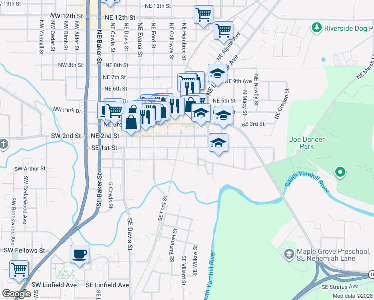 map of restaurants, bars, coffee shops, grocery stores, and more near 830 Southeast 1st Street in McMinnville