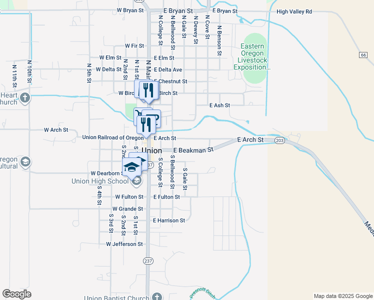 map of restaurants, bars, coffee shops, grocery stores, and more near 380 East Beakman Street in Union