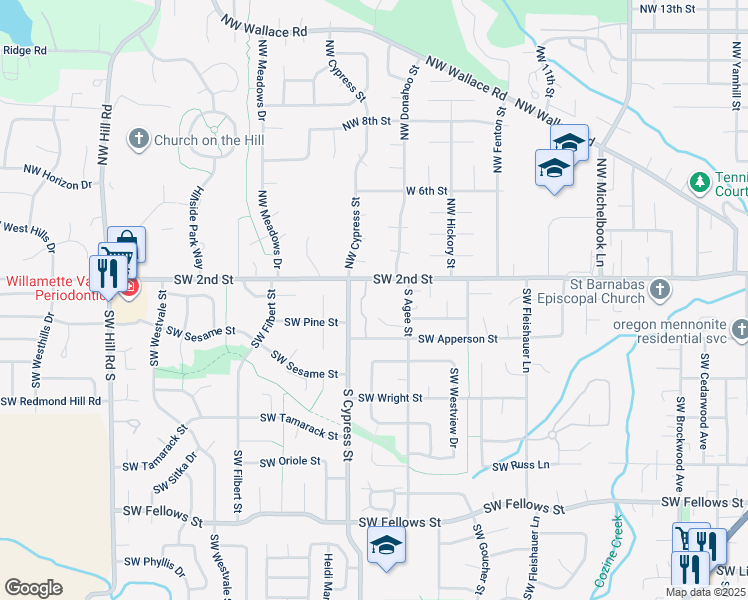 map of restaurants, bars, coffee shops, grocery stores, and more near 112 South Cypress Street in McMinnville