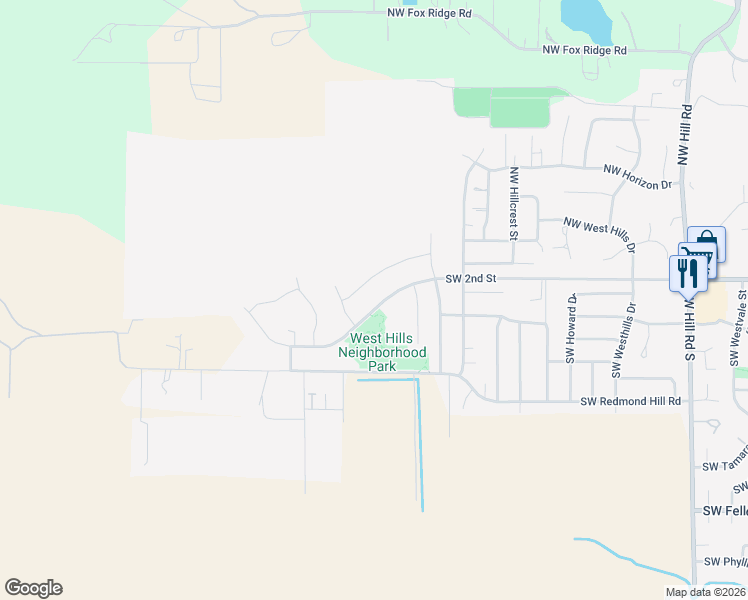 map of restaurants, bars, coffee shops, grocery stores, and more near 2883 Northwest 2nd Street in McMinnville