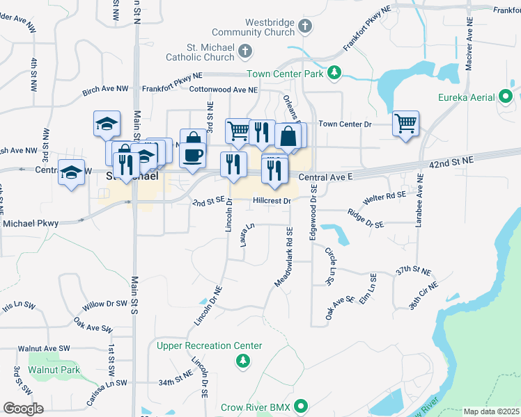 map of restaurants, bars, coffee shops, grocery stores, and more near 361 Hillcrest Drive in Saint Michael