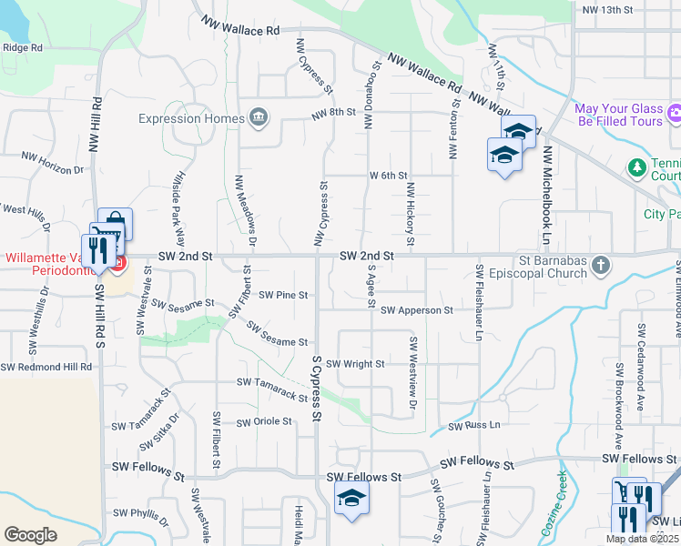 map of restaurants, bars, coffee shops, grocery stores, and more near 112 South Cypress Street in McMinnville