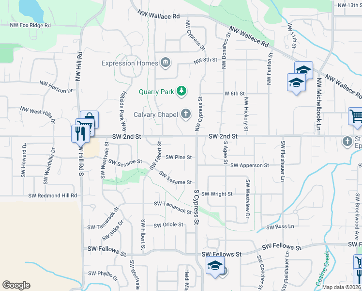 map of restaurants, bars, coffee shops, grocery stores, and more near 127 Southwest Poplar Court in McMinnville