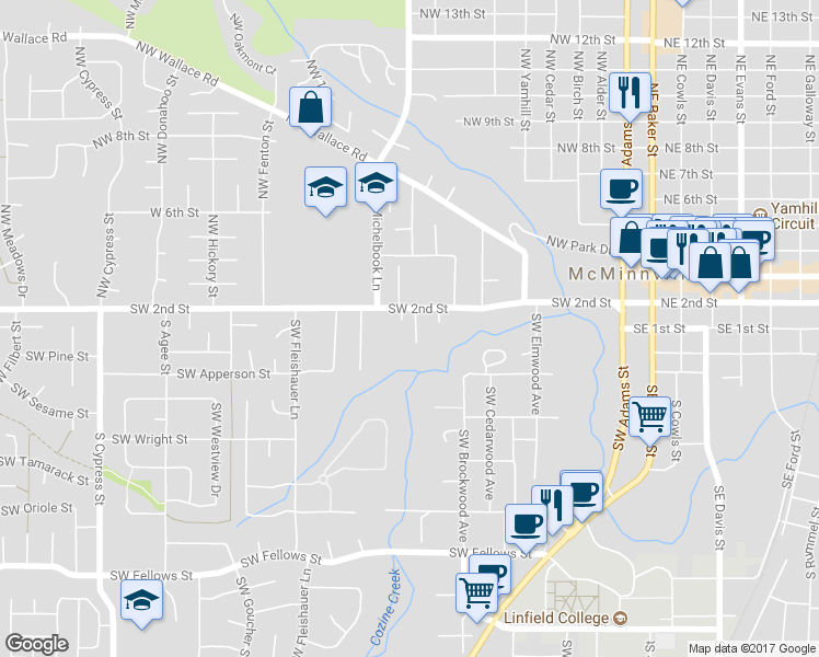 map of restaurants, bars, coffee shops, grocery stores, and more near 125 Southwest Braly Street in McMinnville