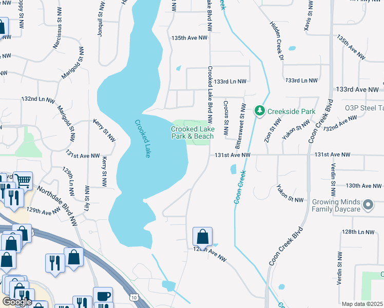 map of restaurants, bars, coffee shops, grocery stores, and more near 13104 Crooked Lake Boulevard Northwest in Minneapolis