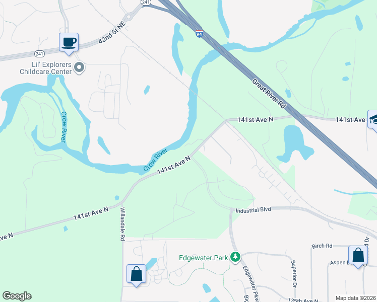 map of restaurants, bars, coffee shops, grocery stores, and more near 24675 141st Avenue North in Rogers