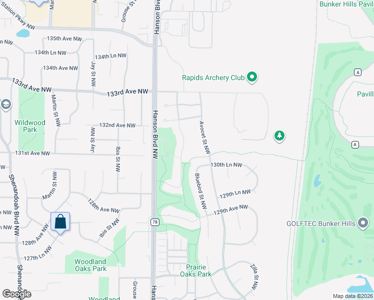 map of restaurants, bars, coffee shops, grocery stores, and more near 13125 Crane Street Northwest in Minneapolis