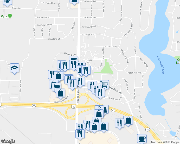 map of restaurants, bars, coffee shops, grocery stores, and more near 13102 Silverod Street in Minneapolis