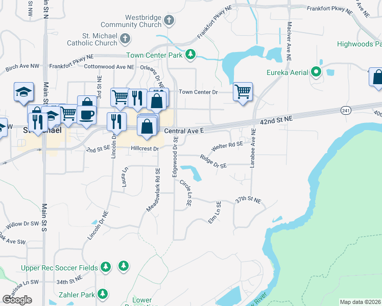 map of restaurants, bars, coffee shops, grocery stores, and more near 710 Ridge Drive Southeast in Saint Michael