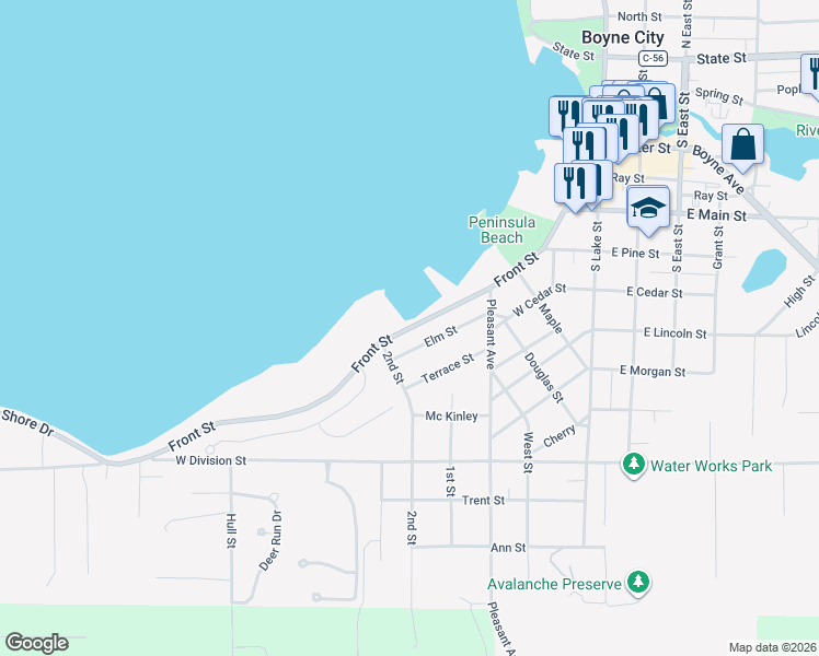 map of restaurants, bars, coffee shops, grocery stores, and more near 481 Front Street in Boyne City