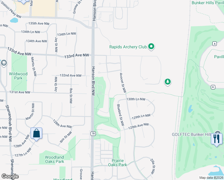 map of restaurants, bars, coffee shops, grocery stores, and more near 13125 Crane Street Northwest in Minneapolis