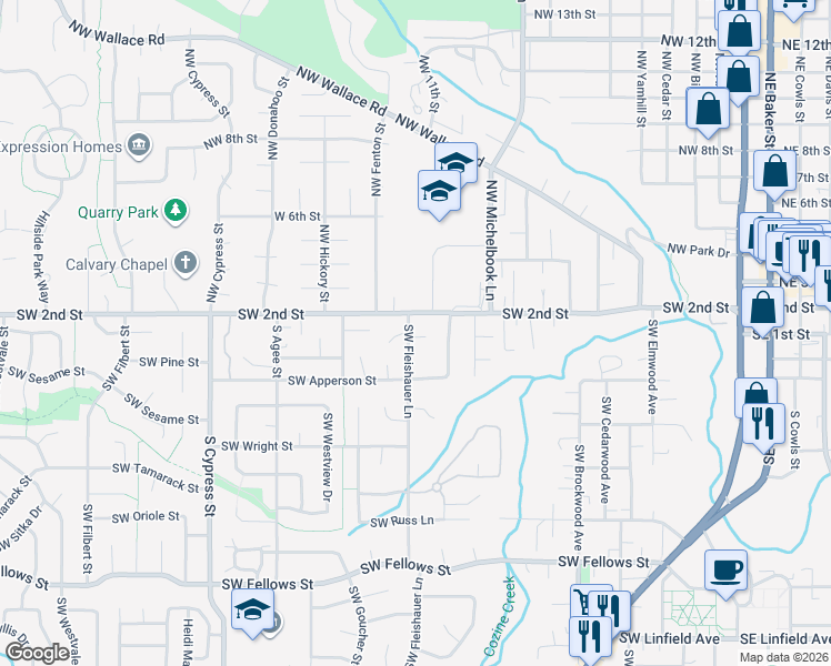 map of restaurants, bars, coffee shops, grocery stores, and more near 120 Southwest Fleishauer Lane in McMinnville