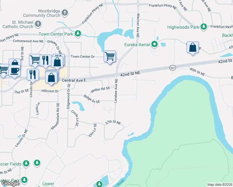 map of restaurants, bars, coffee shops, grocery stores, and more near 3850 Larabee Avenue Northeast in Saint Michael