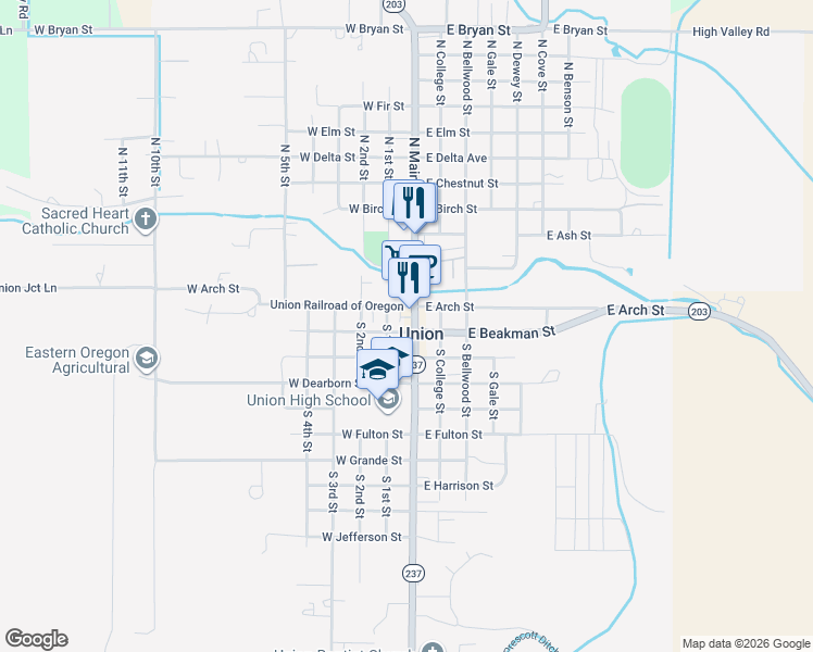 map of restaurants, bars, coffee shops, grocery stores, and more near 174 1/2 South Main Street in Union