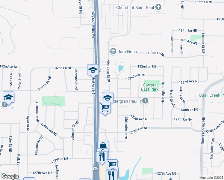 map of restaurants, bars, coffee shops, grocery stores, and more near 13127 Aberdeen Street Northeast in Blaine