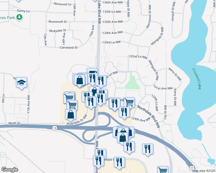 map of restaurants, bars, coffee shops, grocery stores, and more near 3556 131st Lane Northwest in Coon Rapids