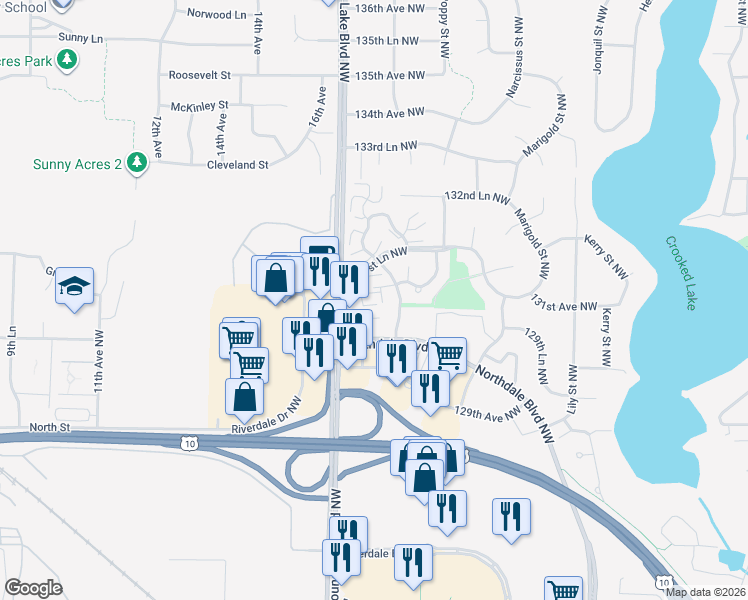 map of restaurants, bars, coffee shops, grocery stores, and more near 13102 Silverod Street in Minneapolis