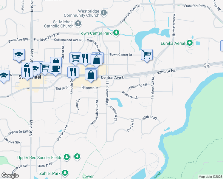 map of restaurants, bars, coffee shops, grocery stores, and more near 710 Ridge Drive Southeast in Saint Michael