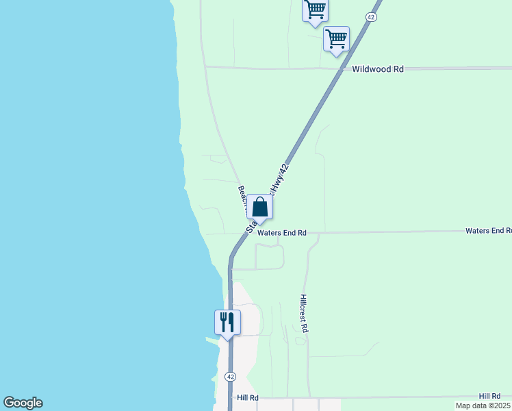 map of restaurants, bars, coffee shops, grocery stores, and more near 11077 Wisconsin 42 in Sister Bay
