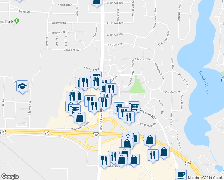 map of restaurants, bars, coffee shops, grocery stores, and more near 13102 Silverod Street in Minneapolis