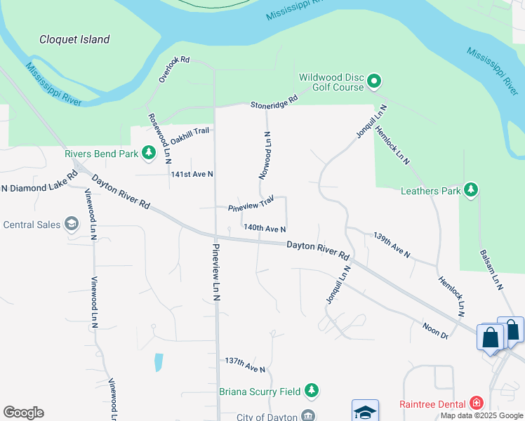 map of restaurants, bars, coffee shops, grocery stores, and more near 12501 Pineview Trail in Dayton