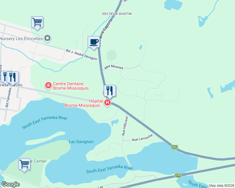 map of restaurants, bars, coffee shops, grocery stores, and more near 116 Rue de Sweetsburg in Cowansville