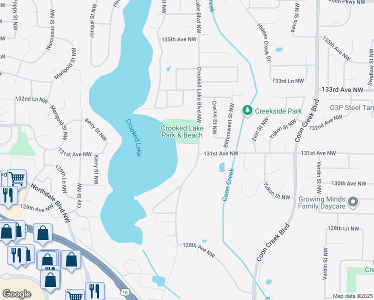 map of restaurants, bars, coffee shops, grocery stores, and more near 13104 Crooked Lake Boulevard Northwest in Minneapolis