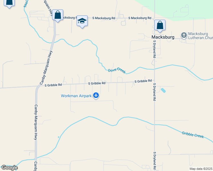 map of restaurants, bars, coffee shops, grocery stores, and more near 9666 South Gribble Road in Canby