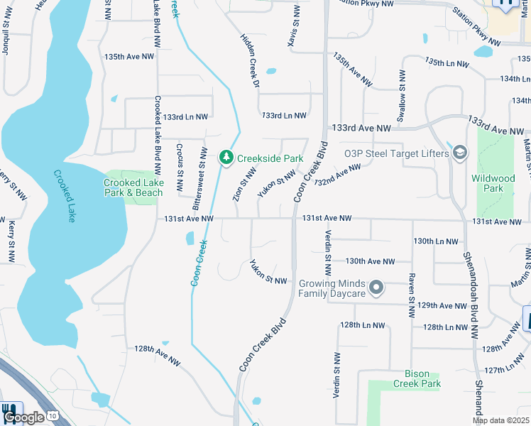 map of restaurants, bars, coffee shops, grocery stores, and more near 13100 Yukon Street Northwest in Minneapolis
