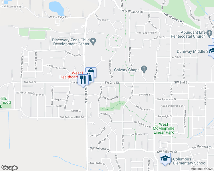 map of restaurants, bars, coffee shops, grocery stores, and more near 2019 Southwest Manzanita Street in McMinnville