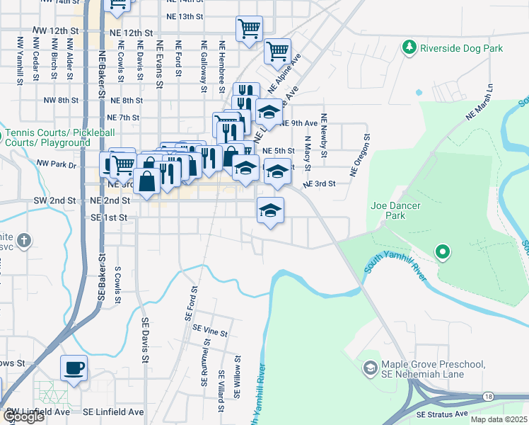 map of restaurants, bars, coffee shops, grocery stores, and more near 1056 Southeast 1st Street in McMinnville