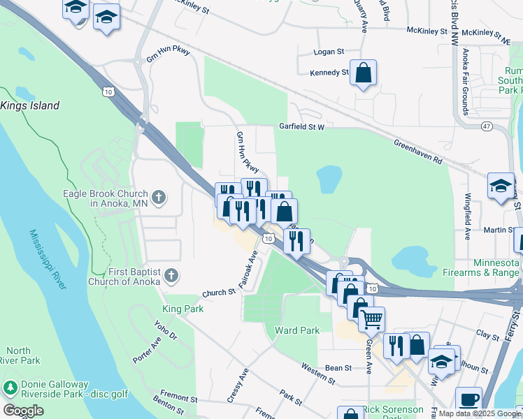 map of restaurants, bars, coffee shops, grocery stores, and more near 2750 Fairoak Avenue in Anoka