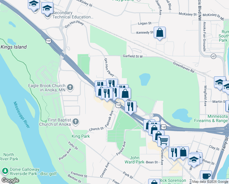 map of restaurants, bars, coffee shops, grocery stores, and more near 2750 Euclid Avenue in Anoka