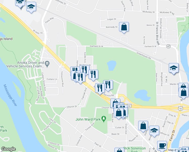 map of restaurants, bars, coffee shops, grocery stores, and more near 2750 Fairoak Avenue in Anoka
