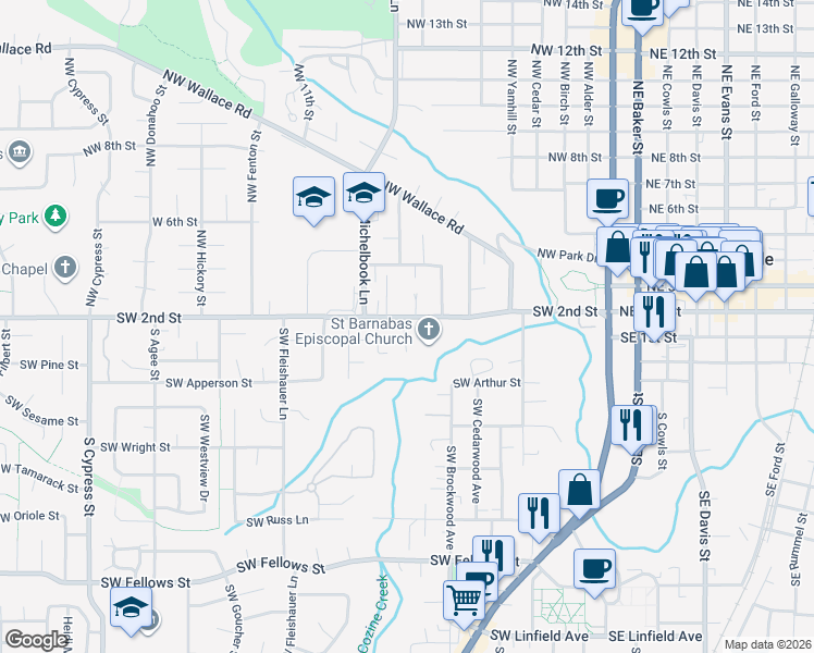 map of restaurants, bars, coffee shops, grocery stores, and more near 125 Southwest Braly Street in McMinnville