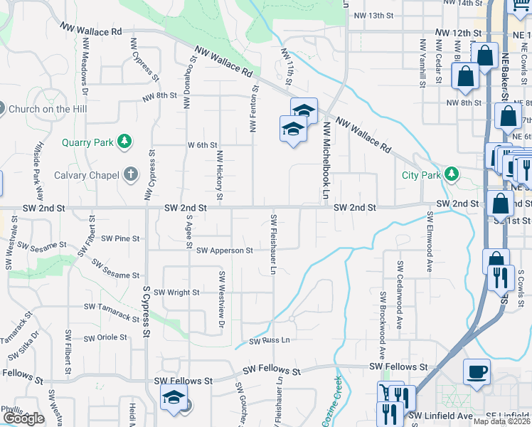 map of restaurants, bars, coffee shops, grocery stores, and more near 1325 West 1st Court in McMinnville