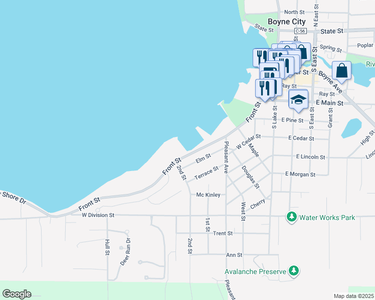 map of restaurants, bars, coffee shops, grocery stores, and more near 481 Front Street in Boyne City
